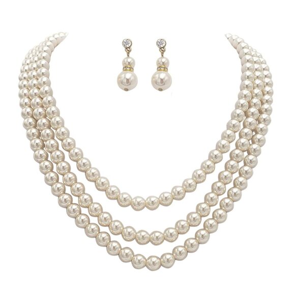 Multi Strand Faux Pearl Necklace Earring Set Elegant Classic Adjustable